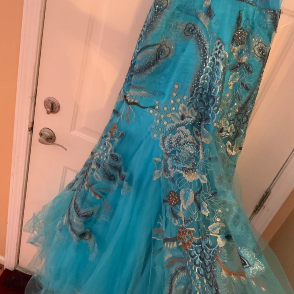 Turquoise and brown peacock prom dress . - Picture 13 of 15